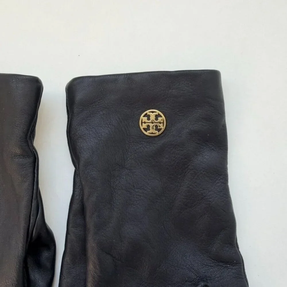 Tory Burch Black Leather Gloves with Gold Logo Hardware – One Size